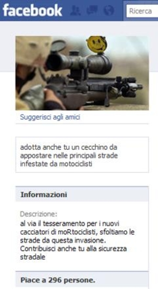 Facebook: nasce una pagina che incita alla violenza sui motociclisti Facebook: nasce una pagina che incita alla violenza sui motociclisti