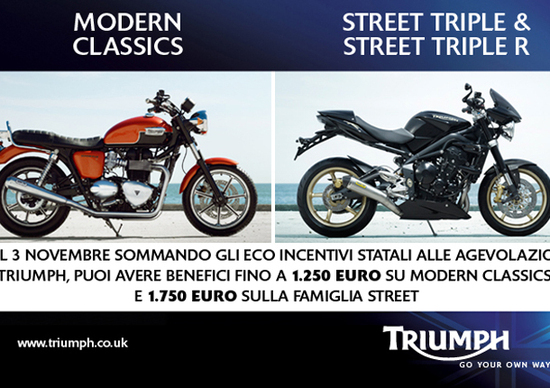 Incentivi: Triumph offre vantaggi fino a 1.750 Euro Incentivi: Triumph offre vantaggi fino a 1.750 Euro